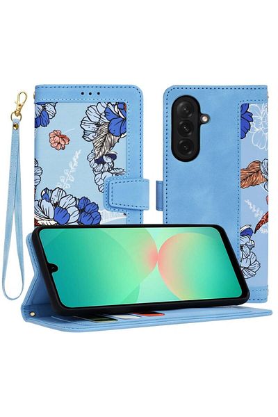 SKYDDAR INNOVATION Husă pentru Samsung Galaxy A26 5G, portofel floral, piele ecologică, protecție 360°, albastră, set autocolante