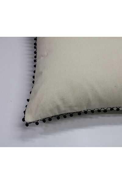 LILYUM 100% Cotton Beige Raw Linen Pillow Case 50X70 – Black Pompom Detailed