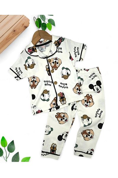 voyyo kids baby Boy's Mixed Cartoon Character Printed Double-Breasted Collar Summer Nightgown Pajama Set