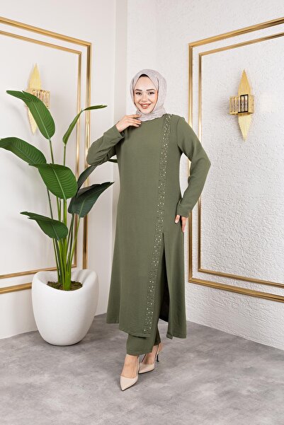 Pearl Detailed Hijab Double Suit Khaki