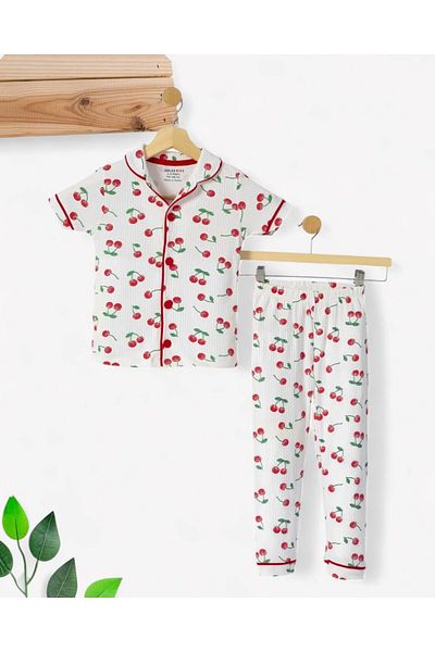 voyyo kids baby Girl's Summer Short Sleeve Double Breasted Collar Cherry Printed Nightgown Set