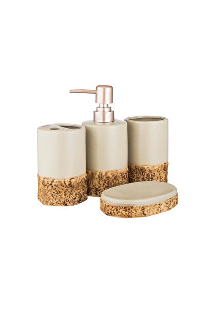 ABAREEK 4-Piece Ceramic Bathroom Set with Liquid Soap - Brown and White