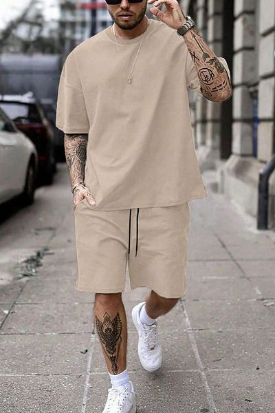 MELADYAN Unprinted Beige T-Shirt Beige Shorts Bottom Top Set