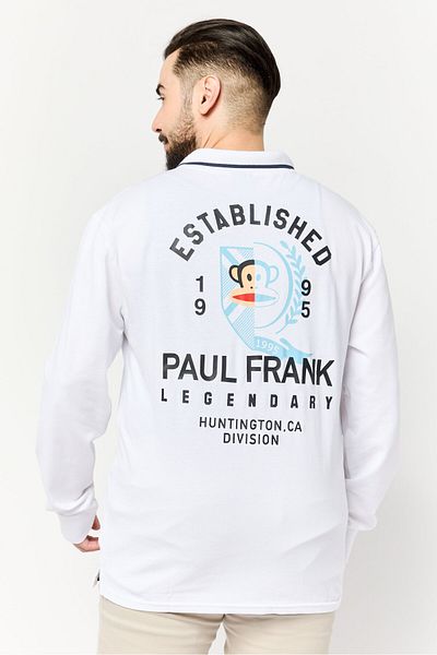PAUL FRANK Men Regular Fit Graphic Print Long Sleeve Polo Shirt, White