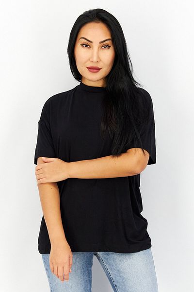 Esprit Women Band Collar Short Sleeve Plain T Shirt, Black