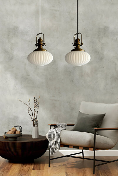 Bamyum İkili Elegant Cam Beyaz Avize Eskitme Başlık Retro Sarkıt Lamba Restoran Salon Aydınlatma