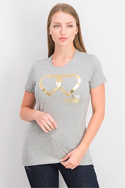 Love Moschino Women Crew Neck Short Sleeve Printed T-shirt, Grey