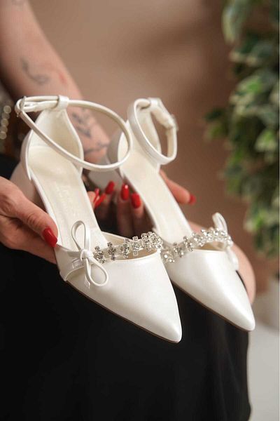 AYFAM SHOES Opuklu Shoes Casual Shoes Stone Detailed Pointed Toe Satin Material 4 cm