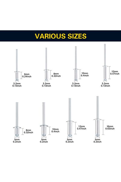 Choice Silver 100pcs 3.2x12mm 80/ 100/ 160/ 385pcs, Pop Rivets Assortment Kit, Aluminum Rivets Set In 8 Siz