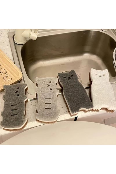 Choice 4-piece Cute Cat Kitchen Sponge Set - Thick And Durable Dishwashing And Cleaning Tools