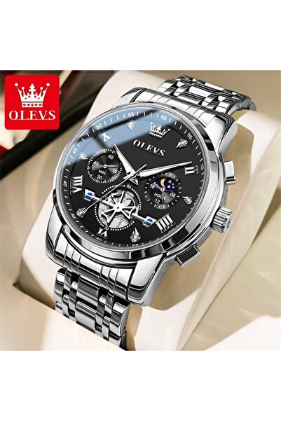 Choice ساعة OLEVS 2856 للرجال باللون الفضي والأسود، كرونوغراف، طور القمر، 24 ...