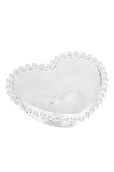 PUFO Bol elegant din sticlă Pufo Heart pentru servirea alunelor de pădure, fisticului, bomboanelor, gustărilor, 16 cm