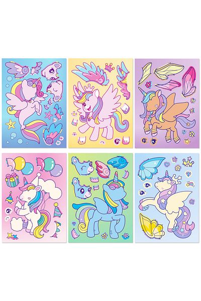 Choice 6pcs 18Sheets Unicorn Sticker DIY Make A Face Stickers Cartoon Kids Gift Flying Unicorn Assembly Sti