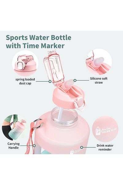 COOYA Water Bottle with Straw,1.5L Leak-proof with Time Marker,with Handle,for Outdoor,Sport,Pink
