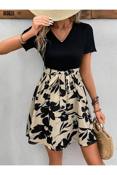 Modayakamoz Women's Short Sleeve Dress V-Neck Waist Belt Detailed Floral Patterned Top Viscose Bottom Single Jersey