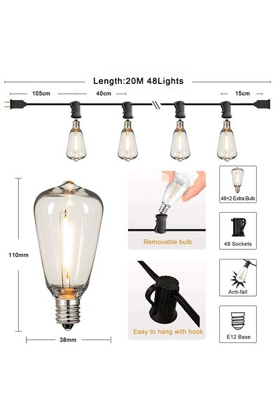 Choice 1w Bulb Eu Plug 20m 48sockets St38 String Lights Outdoor Garland Connectable Shatterproof Waterproof