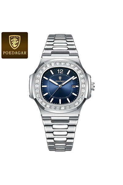 Choice ساعة رجالية مربعة فاخرة من الفضة الزرقاء S POEDAGAR مقاومة للماء مع تا...