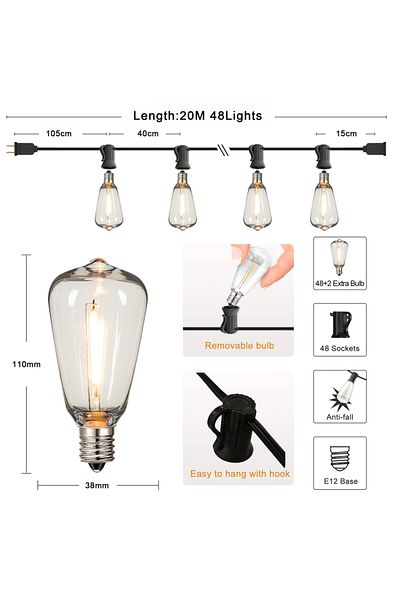 Choice 1w Bulb Eu Plug 20m 48sockets St38 String Lights Outdoor Garland Connectable Shatterproof Waterproof