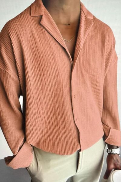 NO 601 Ανδρικό υφασμάτινο πουκάμισο Salmon Pink Oversize