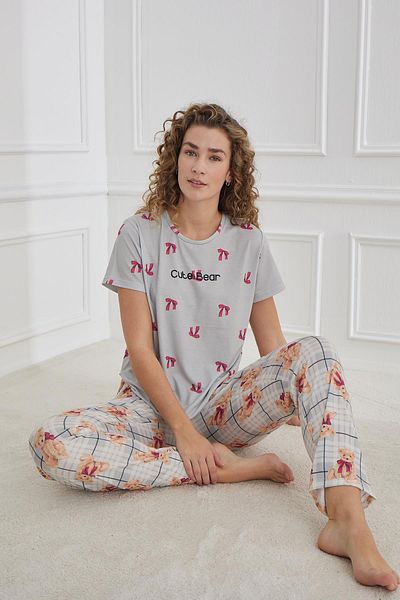 Kompedan Γυναικείο Σετ Πιτζάμες με μοτίβο Lycra Single Jersey Crew Neck |   Γκρι 70109-1220