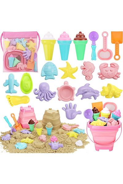 Choice 20pcs 20pcs Beach Toys Set for Kids Toddlers Girls Collapsible Sand Bucket Shovels Set Mesh Bag Sand