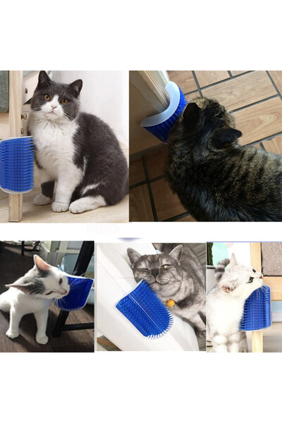 PUFO cat massage brush with wall or furniture corner attachment, bag with catnip included, blue
