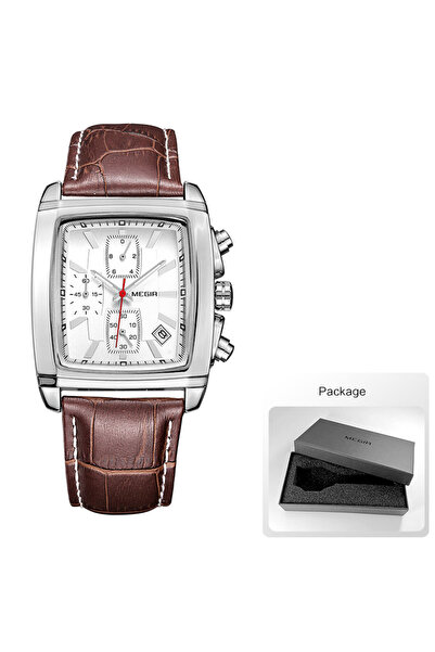 Choice ساعة ميجير 2028-بني أبيض بمينا مستطيل وحزام جلدي للرجال كاجوال كرونوغراف كوارتز أزرق W