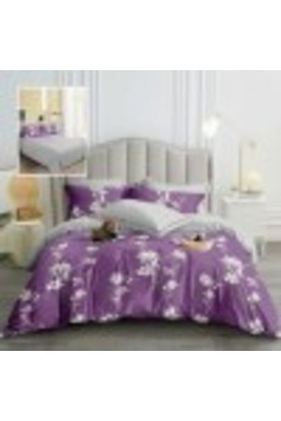 Pucioasa Double bed linen from fine satin, duvet sheet 200x220cm, 6-piece set, purple with magnolias