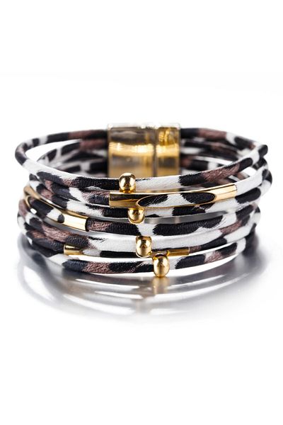 Choice White ALLYES Vintage Metal Tube Leopard Leather Bracelet for Women Men Boho Multilayer Wrap Wide Bra