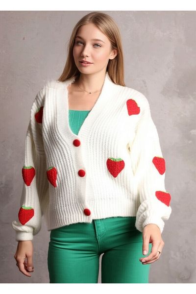 FLEX FASHION Strawberry Detailed Oversize Knitwear Cardigan White