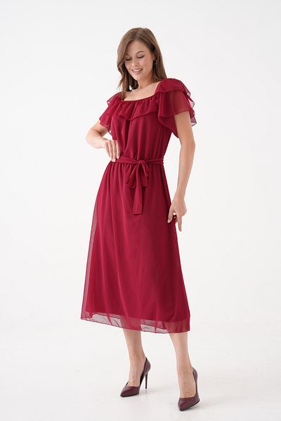 MAMAYAGA Women's Madonna Collar Boat Shoulder Midi Stylish Plus Size Curve Lined Belted Chiffon Dress