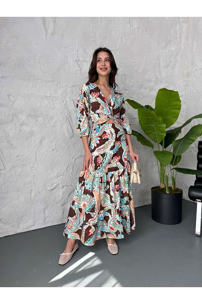 Elif Özbey Butik Πολύχρωμο φόρεμα με λεπτομέρεια με καφέ δέσιμο