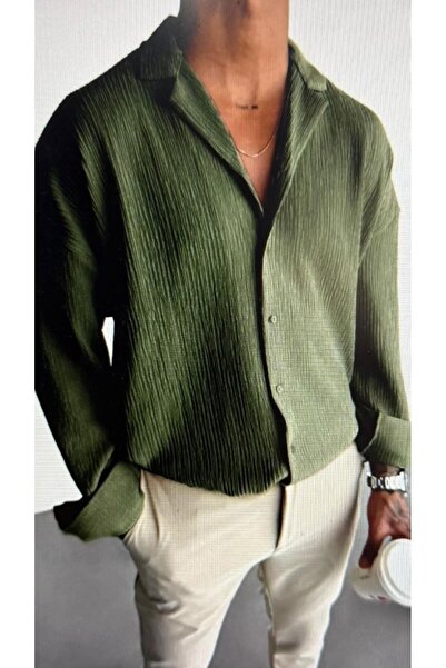 NO 601 Ανδρικό πουκάμισο από υφασμάτινο πράσινο Oversize