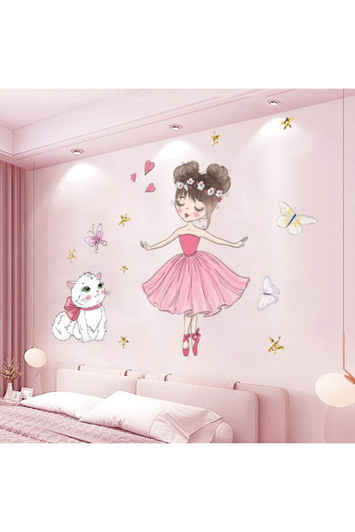 Choice ملصق ديكور حائط غرفة النوم، قطعة واحدة من ملصقات الرسوم المتحركة لفتاة وقط صغير يرقص على شكل فراشة وردية اللون