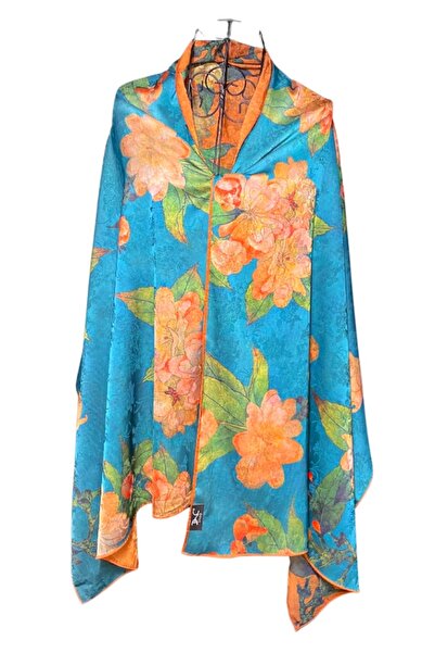 DACSHOP Esarfa de lux din matase naturala, turcoaz/maro, 180x70cm