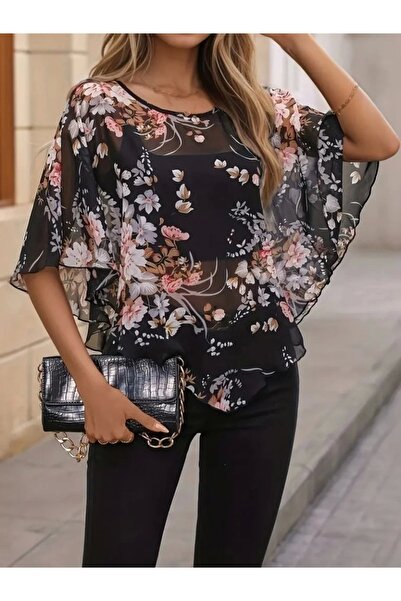 nedo7 المرأة قصيرة الأكمام جولة الرقبة الأزهار المطبوعة غير المتكافئة قطع بلو...