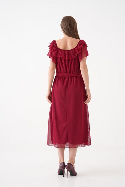 MAMAYAGA Women's Madonna Collar Boat Shoulder Midi Stylish Plus Size Curve Lined Belted Chiffon Dress