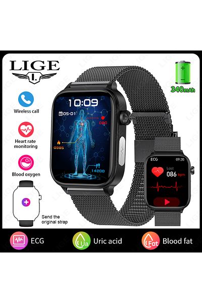 Choice black mesh belt LIGE 2025 New ECG+PPG Smart Watch Men Blood Lipid Uric Acid Health Monitor Bluetooth