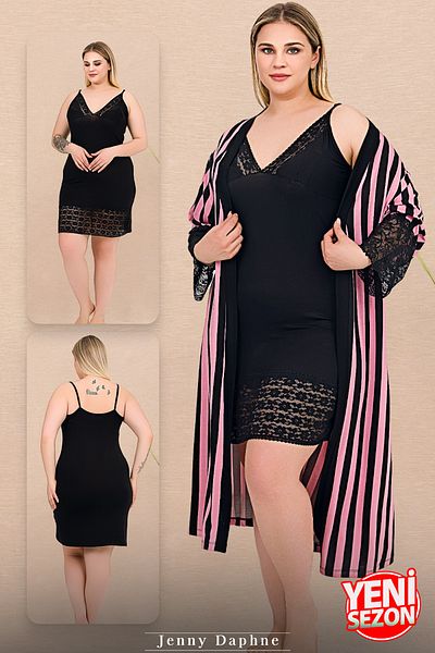 Jenny Daphne Viscose Striped Robe and Black Strap Lace Nightgown Set 2 Pcs 19239