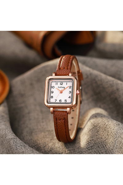 Choice ساعة كوارتز بحزام بني بسيط عربي مربع صغير