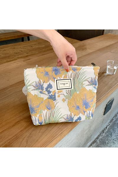 Choice Oil Painting 1PC Vintage Woven Satin Fabric Storage Bag Large Capacity Portable Makeup Toiletry Bag