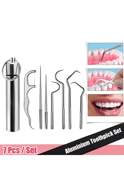 Choice 7pcs/set Aluminum Toothpick Set Tooth Flossing Reusable Toothpicks Portable Toothpick Floss Teeth...