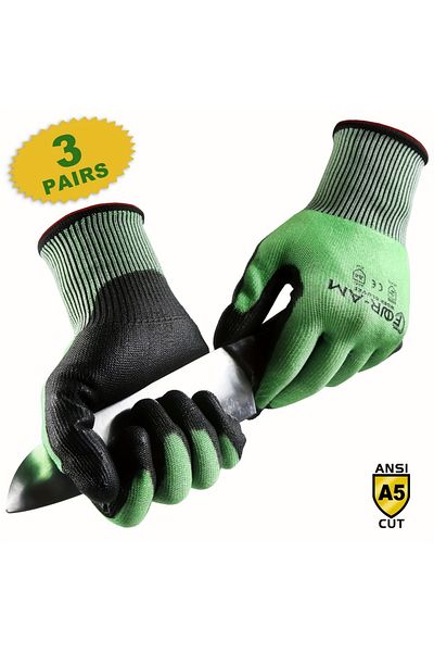 Choice Xl Green 3pairs 1/3pair, Level ３cut-resistant Gloves, Firm Non-slip Grip, Heavy Duty Work, Durable &