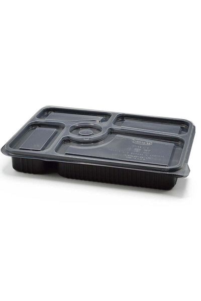 Generic Black rectangular microwave containers with a transparent lid, five compartments