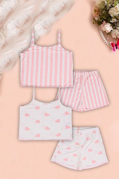 Beniizle Heart and Striped Suspender Top, Shorts 2-Piece Girls' Pajama Set