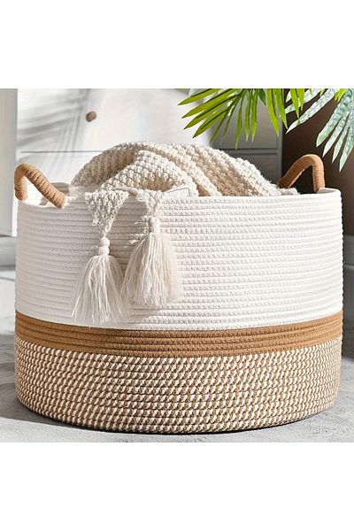 Choice Brown King-size woven storage basket Living room cotton rope blanket basket Household wicker laundry
