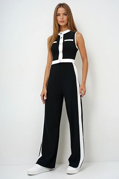 VAGGON Set de bluză și pantaloni Palazzo pentru femei, cu guler negru, cu nasturi metalici, blocuri de culoare, Prmx13916