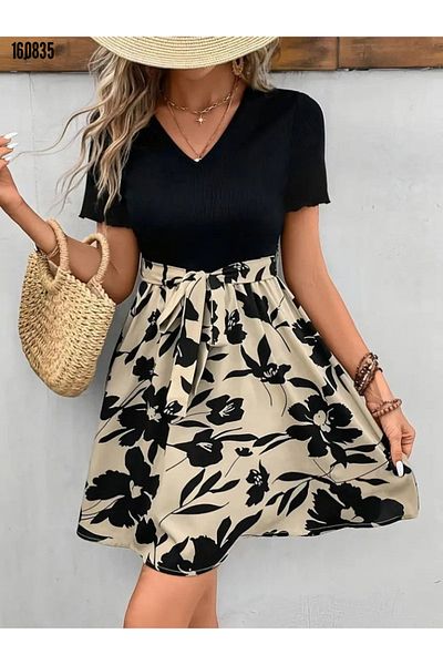 Modayakamoz Women's Short Sleeve Dress V-Neck Waist Belt Detailed Floral Patterned Top Viscose Bottom Single Jersey