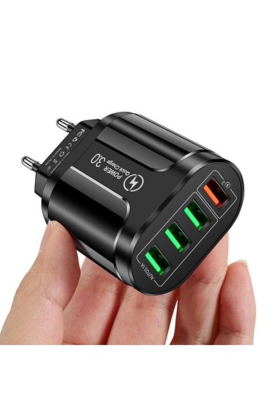 Fomscvka شاحن سريع QC 3.0 أسود من الاتحاد الأوروبي، شاحن USB 3 أمبير، شحن سريع، 4 منافذ، ضوء LED، شاحن هاتف