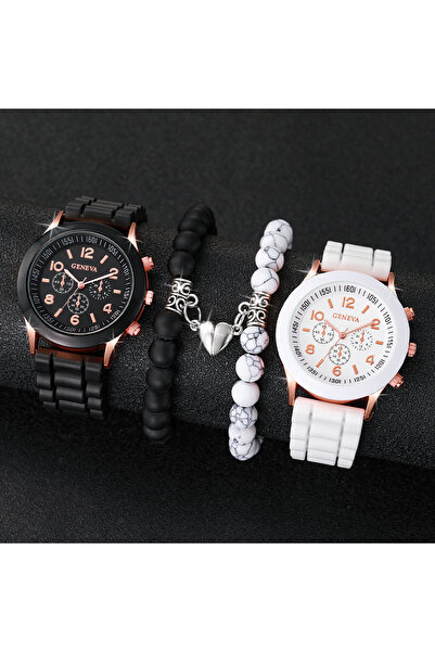 Choice مجموعة من 4 قطع من ساعات الزوجين، ساعة كوارتز عربية أنيقة للنساء، ساعة معصم كاجوال بسوار من السيليكون